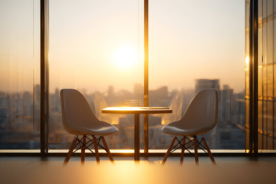 Sunset view from a modern office with two chairs and a small table overlooking the city skyline