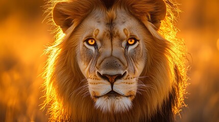 Fototapeta premium Close up male lion with glowing orange eyes staring directly at camera at sunset