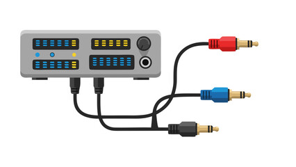 Audio Interface with RCA and TRS Cables Connected on Black Background Vector Illustration Showing Input Output Connections and LED Indicators