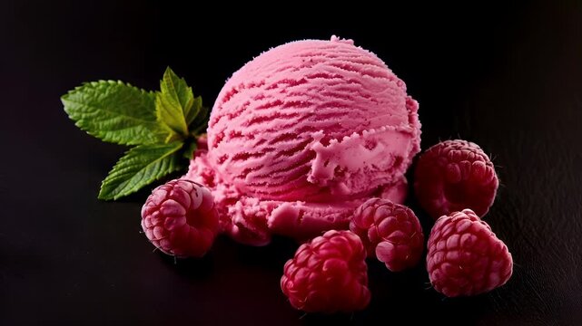 A closeup of a scoop of pink ice cream surrounded by raspberries. The ice cream has a wavy texture and is topped with a single raspberry. The background is dark.