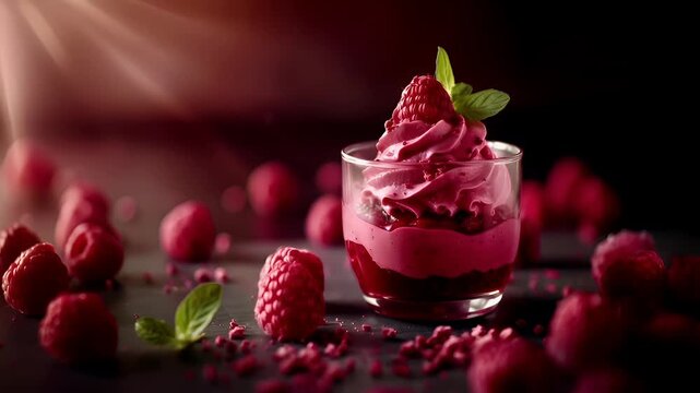 A closeup shot of a dessert with raspberries and mint leaves on a dark surface. The dessert appears to be a layered dessert with a pinkishred hue, possibly berry compote or berry smoothie.