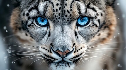 Fototapeta premium Close-up portrait of snow leopard with intense blue eyes and spotted fur in snow