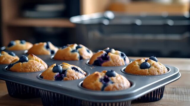 muffins in a muffin tin on a wooden surface.