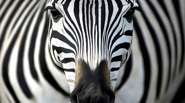 Full-face close-up of zebra with black and white stripes looking directly forward - Powered by Adobe