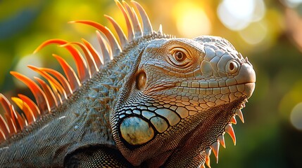 Close-up of green iguana with vibrant orange spines under natural light