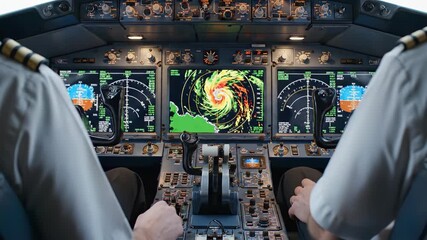 Pilots navigating an airplane cockpit with advanced weather radar display. - Powered by Adobe