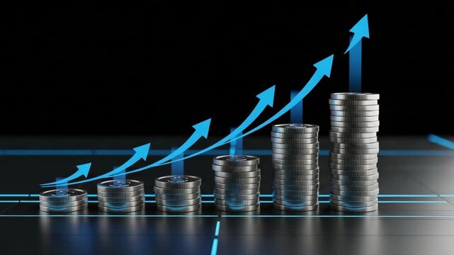 Dynamic financial growth with upward trending arrows and increasing coin stacks for business success and investment returns