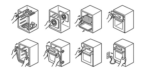 Electric oven repair and kitchen appliance maintenance line icons set