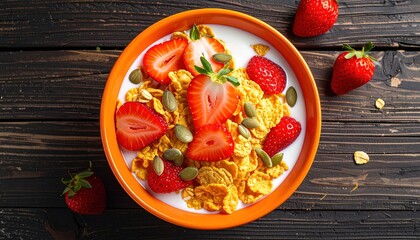 Brightly colored fruit and grain breakfast sits in an orange bowl on dark wood