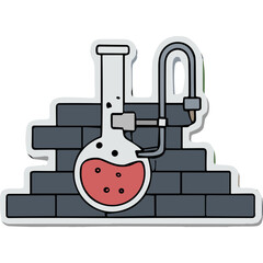Obraz premium Cartoon Style Drawing Of A Round Bottom Flask Containing Red Liquid With Bubbles On A Gray Brick Wall Background Laboratory Equipment And Scientific Experiment Concept