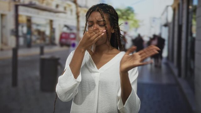 Woman in white blouse with braided hair pinches nose and covers mouth with hand while stepping on a busy city street among blurred pedestrians; disgust.