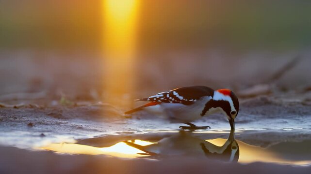 A woodpecker bends down to drink from a small puddle, reflecting the warm glow of the sunset on its colorful feathers. This woodpecker interacts with its environment in a serene se
