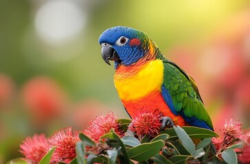Naklejka premium Colorful parrot perching on vibrant red bottlebrush flowers with lush green background