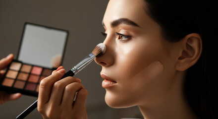 Woman applying makeup with a brush on a blending palette closeup with soft lighting
