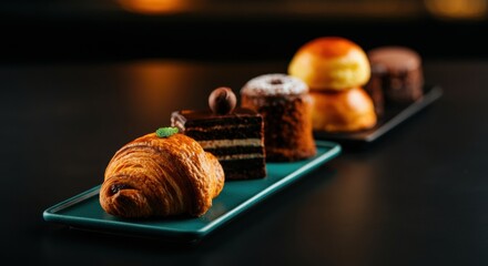 Croissant and assorted French pastries on a sleek serving tray in studio lighting