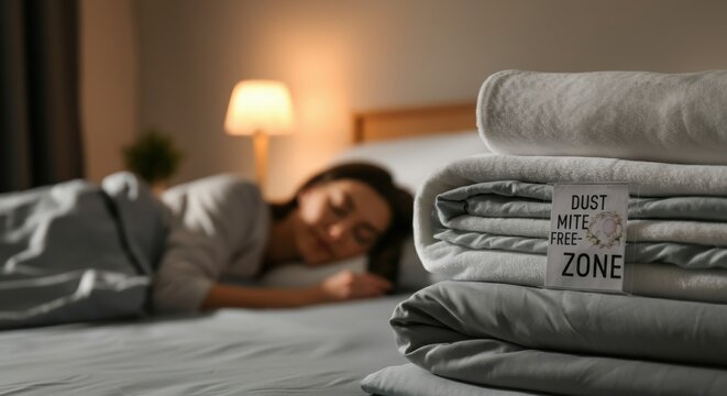 Woman sleeping in bed beside dust mite free zone bedding for restful nights
