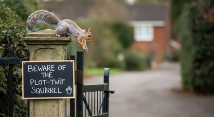 Squirrel perched on a gate beside a chalkboard sign in a quiet suburb on a sunny day