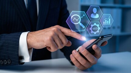 Businessman analyzing seo data via smartphone interaction with digital icons