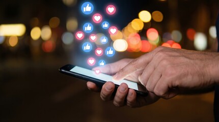 Hands using smartphone with floating social media likes and hearts at night