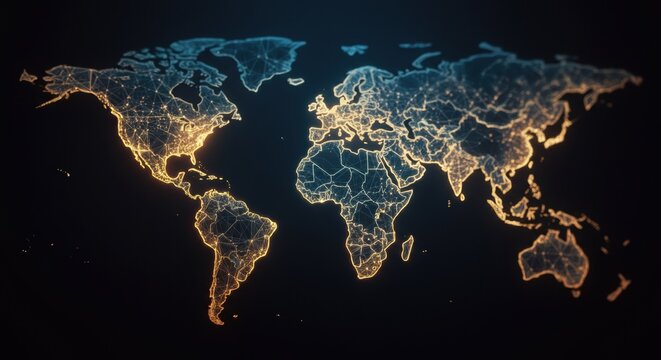 Glowing world map with illuminated country borders on dark background for design