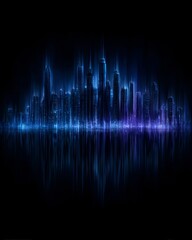 Cybernetic city glowing in deep blue tones with reflections extending into an endless futuristic sea