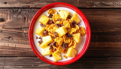 Bowl of breakfast cereal with milk, fresh pineapple chunks, and dark chocolate pieces rests on a rustic wooden surface