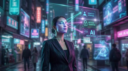 Futuristic facial recognition technology in urban night scene with female subject
