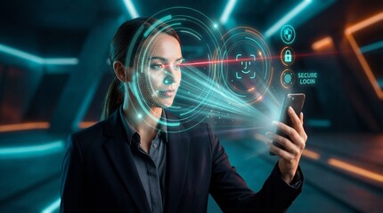 Young caucasian female using facial recognition technology for secure login