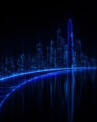 Sleek modern towers rise above tranquil waters shimmering with lines of light and flowing digital motion