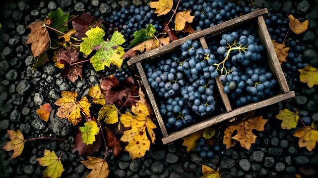 A closeup of a wooden crate filled with grapes and autumn leaves. The grapes are a deep blue color, and the leaves are a mix of red, yellow, and green.