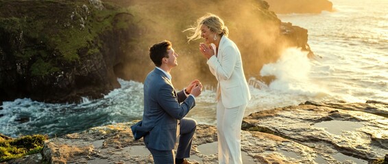 Proposal on a rocky cliff near the ocean during sunset