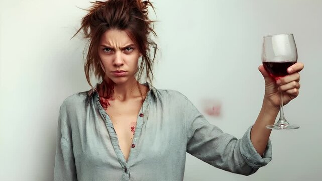 A woman with a mohawk and a glass of red wine is shown in a closeup shot. The womans expression is one of distress, and her eyes are squinted.