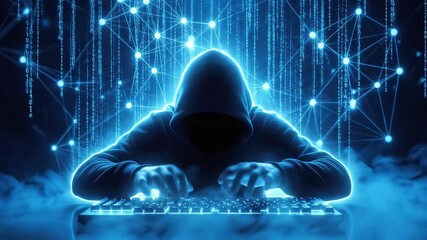 Anonymous hooded hacker typing quickly on a computer keyboard surrounded by glowing blue binary code data streams and network connections representing digital security risks - Powered by Adobe