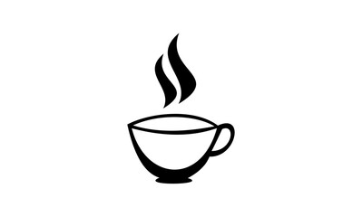 Minimalist black and white illustration of a steaming hot cup of coffee or tea.