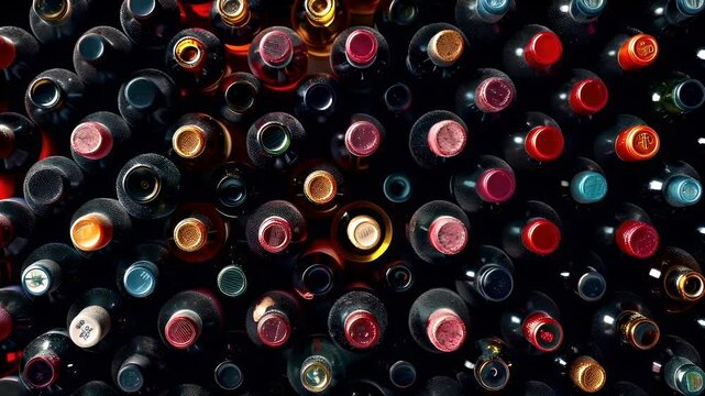 A closeup view of a wine rack filled with bottles. The bottles are of varying sizes and colors, with some having a metallic sheen and others a matte finish.