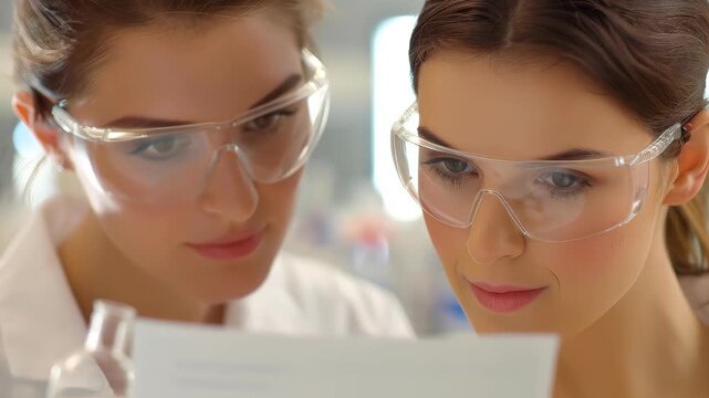 Scientific Collaboration: Two dedicated scientists, adorned in protective eyewear and crisp lab coats, delve into intricate research.