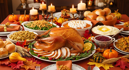 Delicious thanksgiving turkey dinner served on a fresh plate with vegetables, bread, and fruit at a gourmet table setting