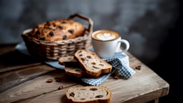 A rustic wooden table holds a loaf of raisin bread and a cup of coffee. The bread is golden brown with visible raisins and seeds, and the coffee is steaming hot.