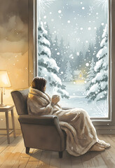 Naklejka premium Woman relaxing in a cozy armchair watching a winter snowstorm
