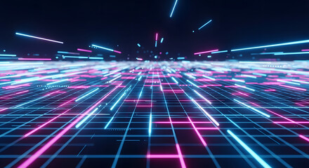 Abstract digital grid with glowing blue and pink neon lines extending into a futuristic cyberspace.