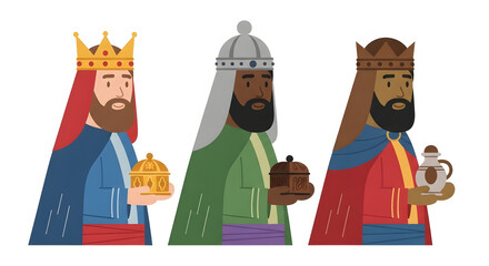 Three Wise Men, also known as the Magi, bearing gifts of gold, frankincense, and myrrh, depicted in a flat design style.