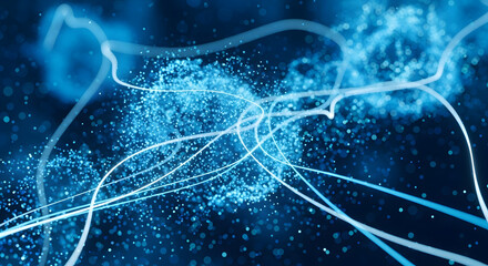 Abstract blue lines and particles flowing in a dark digital space, representing data or energy.