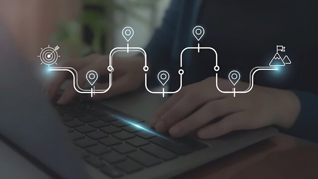 Business and Project Roadmap Concept. Typing on a laptop with roadmap overlay representing steps in a project or strategic planning process. Waypoint icons and ends with goal achievement. Goal - Powered by Adobe