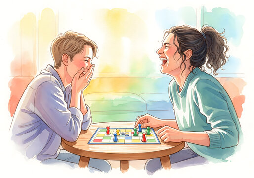 Two friends laughing while playing a colorful board game indoors