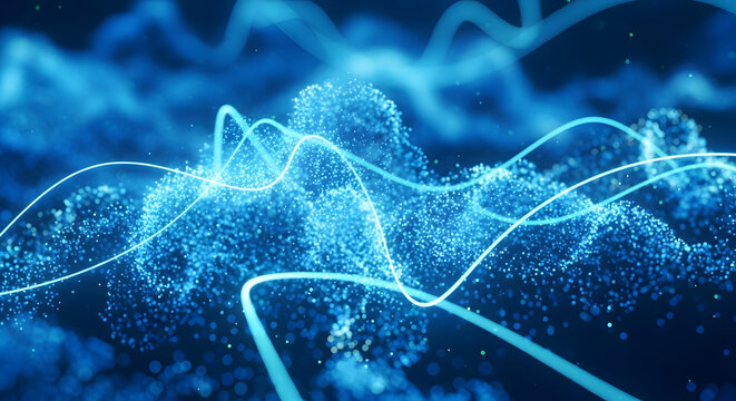 Abstract blue light particles and glowing wavy lines representing data flow and digital technology. - Powered by Adobe