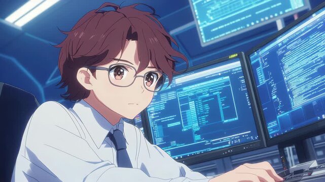 Tech Wizard: A focused individual, adorned with glasses, engrossed in the complex realm of technology, diligently working amidst a sea of digital displays, symbolizing dedication and expertise.