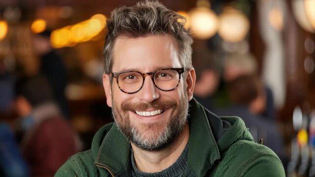 Beaming Confidence: An individual in glasses exudes warmth and approachability, his genuine smile radiating positivity and trust. 