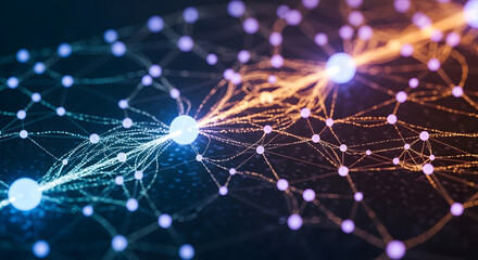 Abstract representation of a complex digital network with glowing nodes and interconnected lines, illustrating data flow and technological connectivity.