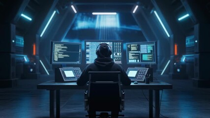 Anonymous coder hacking on three monitors in a dark futuristic computer laboratory filled with vibrant blue neon lights and advanced technology - Powered by Adobe
