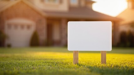 Empty yard sign on front lawn of modern suburban house, blank white board for property listing or announcement, real estate concept with sunlight and green grass in residential neighborhood
